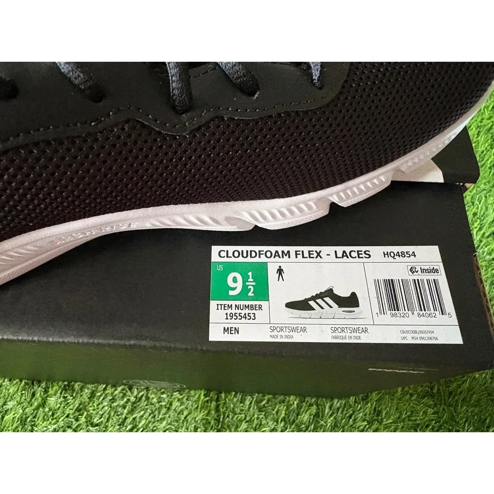 Adidas Cloudfoam Flex Laces Mens 9.5 Wide Running Shoes Black White HQ4854
